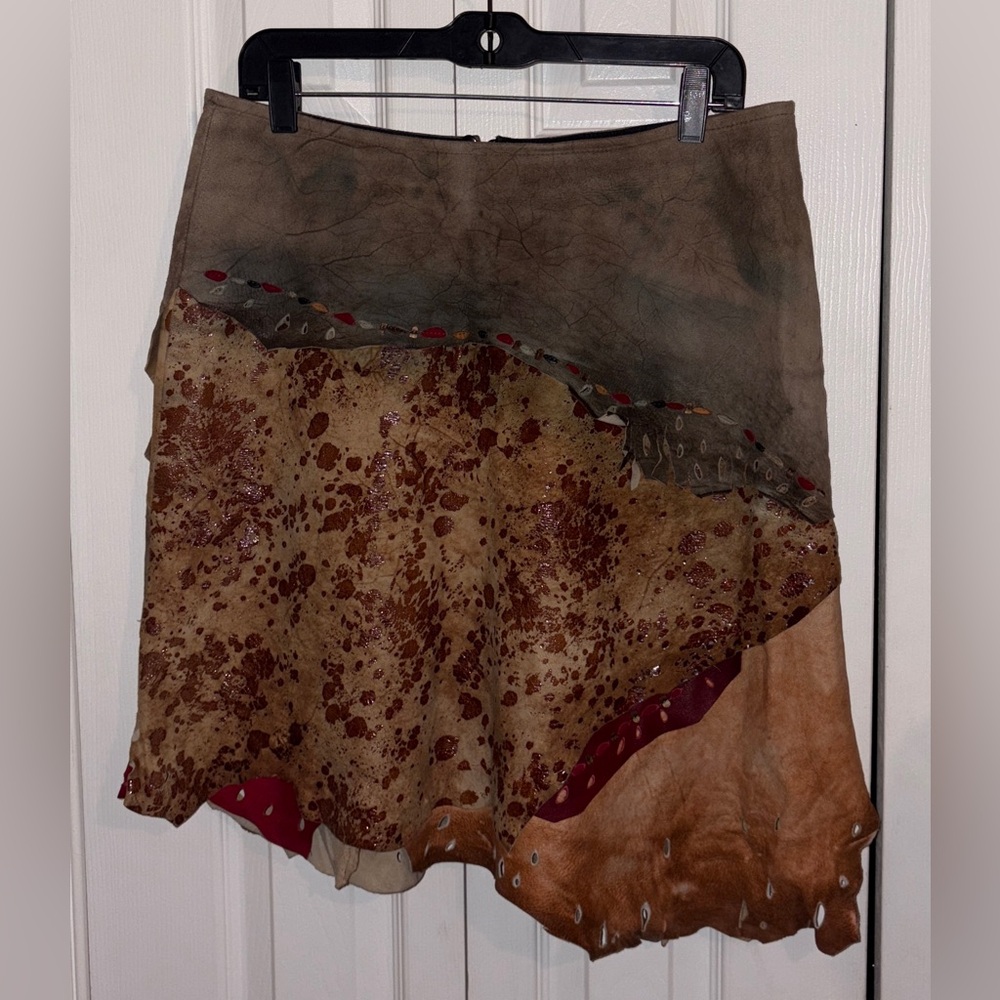 Patchwork Leather Mini Skirt in Brown and Tan - Picture 1 of 7